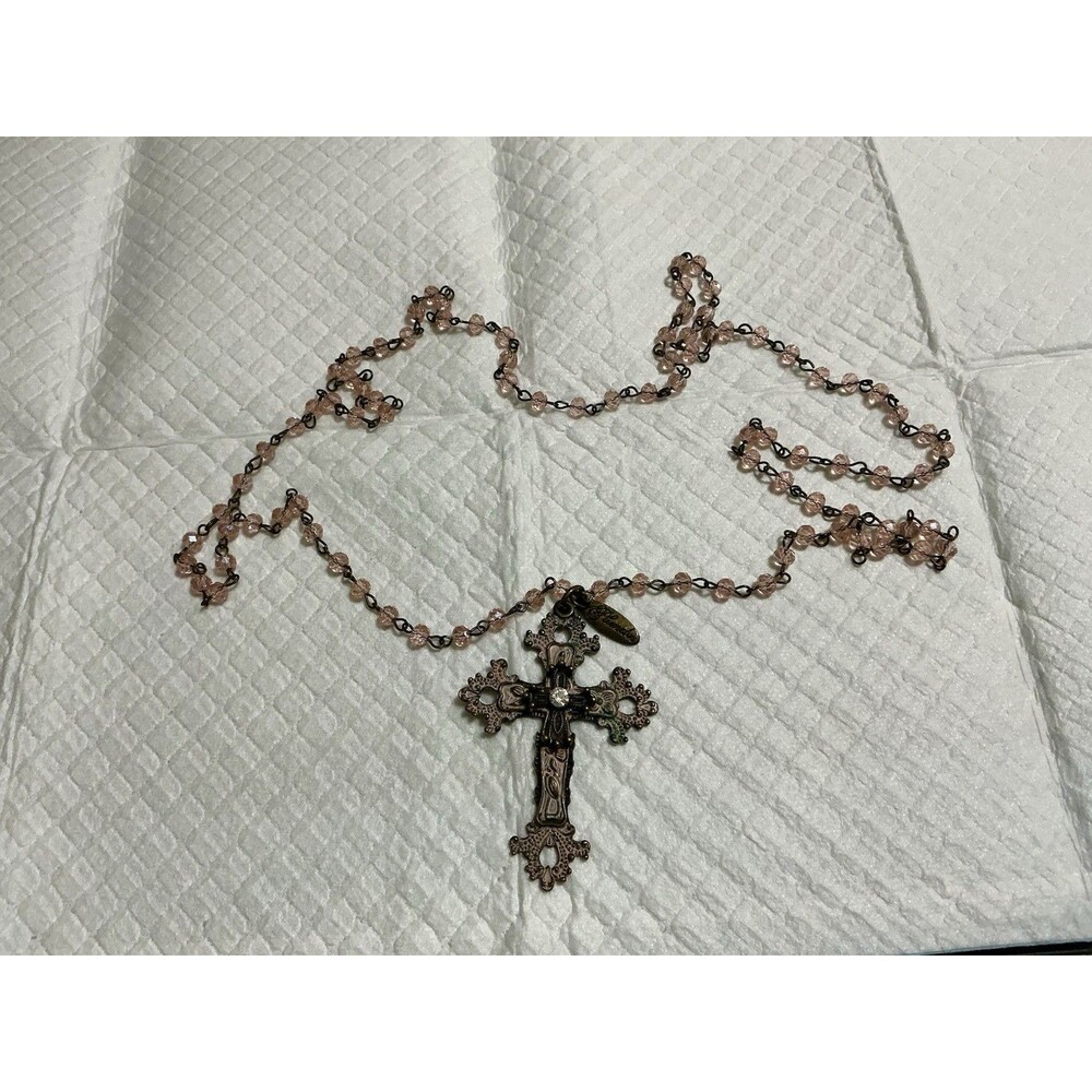 Plunder Pink and Black Aged Silver Tone Boho Cross Necklace